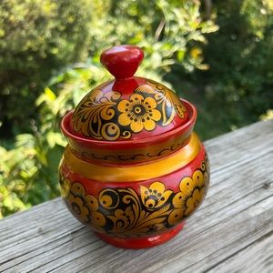 Russian Hand Painted Lacquer Wood Two Piece Knobbed Jar Vintage Paper on Bottom